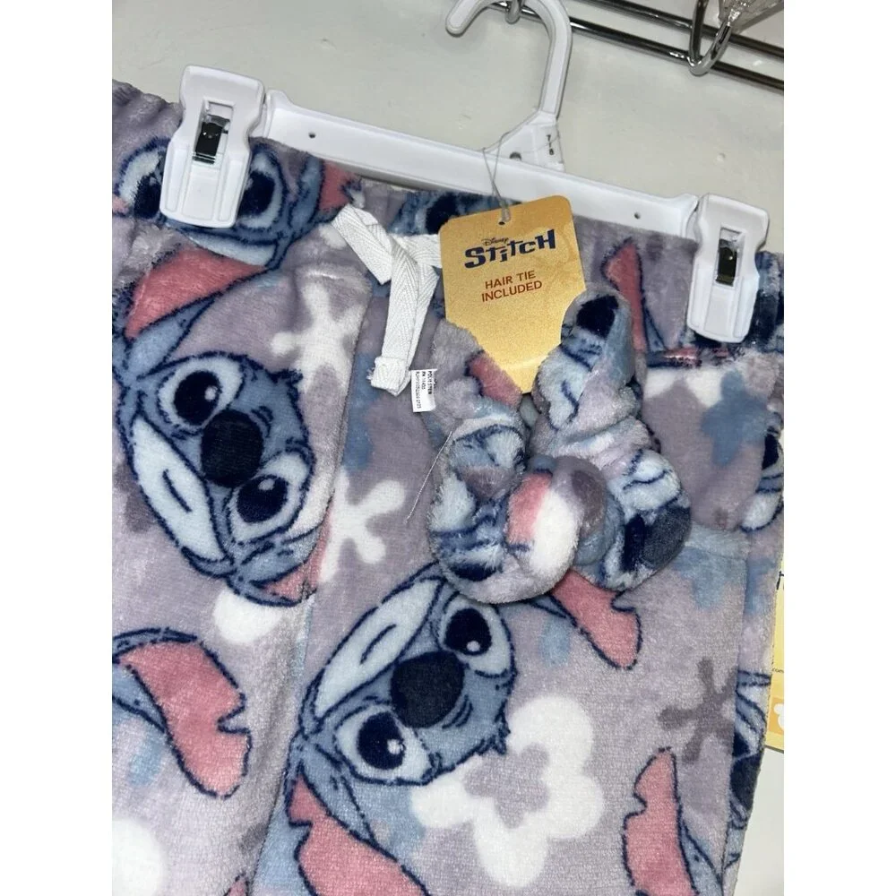 Disney Stitch Multicolor Draw String Fleece Pajama Pants With Hair Tie Size 10